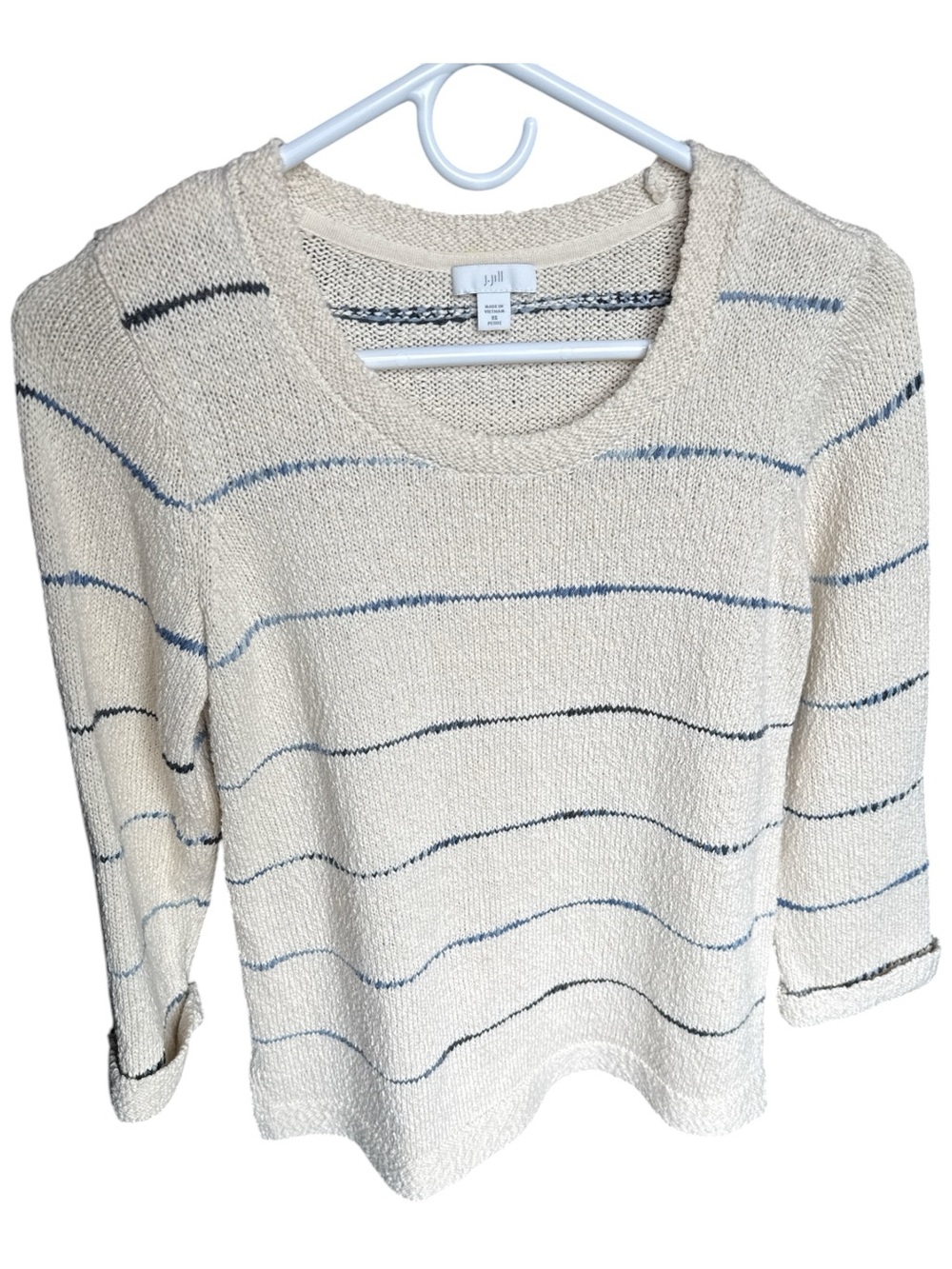J. Jill XSP Slub Texture Knit Sweater 3/4 Sleeve Cream & Blue Coastal - Picture 2 of 4